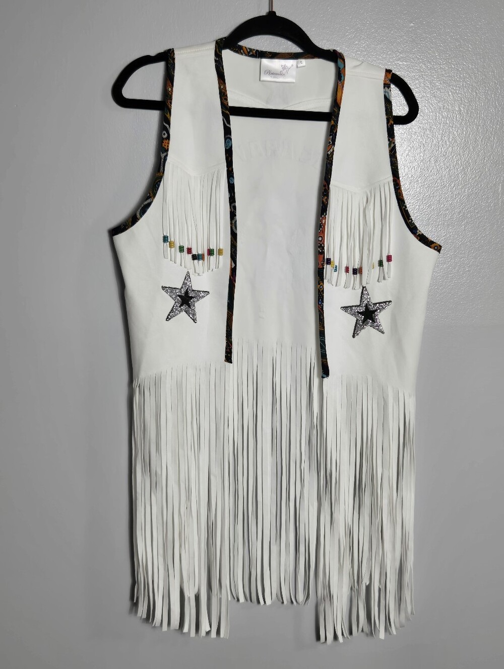 White Faux Suede Fringe Western Vest L Bull Skull Beaded Star Cowgirl